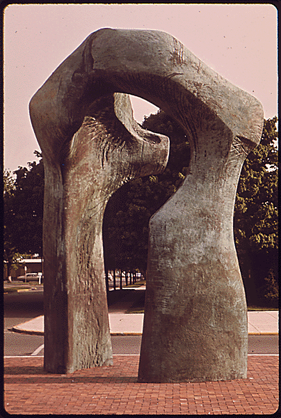 Haun, D. (1973 May). Henry Moore's sculpture Large Arch, which was installed near the Rogers Library in 1971. The Environmental Protection Agency's Program to Photographically Document Subjects of Environmental Concern, 1972 - 1977. National Archives and Records Administration, 546516.